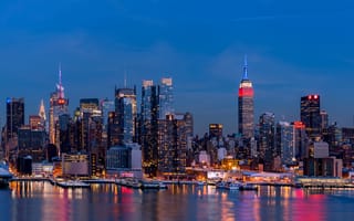 Картинка city, lights, reflection, Manhattan, USA, Brooklyn, night, New York, skyscrapers