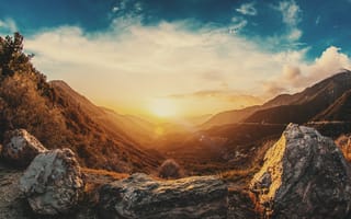 Картинка небо, горы, rocks, восход, sky, скалы, sunrise, mountains