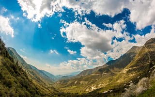 Картинка солнце, облака, mountains, clouds, горы, sunshine