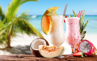 Картинка strawberry, клубника, sea, coconut, молочные коктейли, дыня, море, ананас, кокос, beach, pineapple, melon, milkshakes, пляж