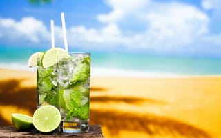 Картинка мохито, tropical, sun, lime, коктейль, mojito, пляж, cocktail, fresh, drink, море, sand, лайм, beach
