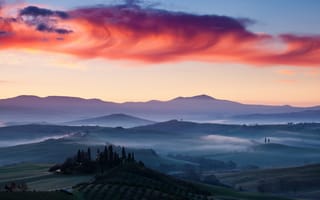 Картинка поля, Италия, рассвет, пейзаж