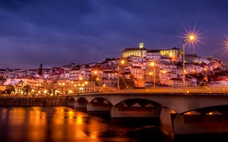 Обои мост, освещение, Коимбра, фонари, река, город, фиолетовое, Португалия, ночь, огни, здания, небо, Coimbra, дома, Portugal