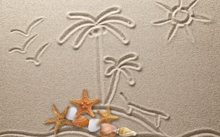 Картинка sand, drawing, песок, рисунок, starfish, texture, seashells