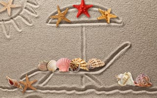 Картинка seashells, рисунок, sand, starfish, drawing, песок, texture, ракушки