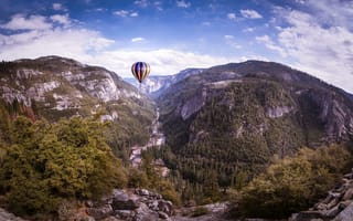 Картинка природа, облака, воздушный шар, деревья, California, скалы, Yosemite, Йосемити