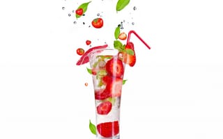 Картинка листики, leaves, sleet, Cocktail, лед, fruit and berries on a white, фрукты и ягоды на белом фоне, Коктейль, брызги, ice