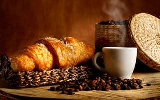 Картинка coffee beans, кофейные зерна, аромат, croissants, кофе, круассаны, coffee, aroma, basket, корзинка