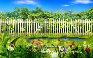 Картинка цветы, бабочки, забор, трава, вода