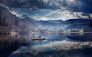 Картинка озеро, отражение, Лодка