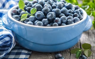 Картинка листики, миска, leaves, bowl, fresh berries, черника, napkin, свежие ягоды, салфетка, blueberries