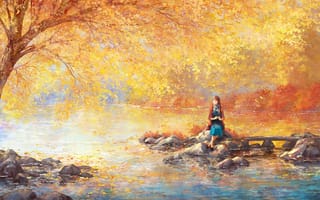 Картинка арт, нарисованный пейзаж, листва, девушка, дерево, сад, камни, река