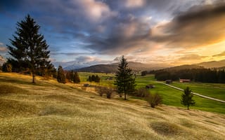 Картинка поля, дома, лес, холмы, Бавария, горы