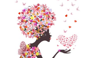 Картинка цветы, бабочки, flowers, hearts, abstraction, абстракция, сердечки, девушка, butterflies, girl