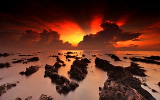 Картинка море, скалы, оранжевое небо, sea, orange sky, rocks