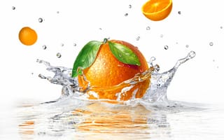 Картинка sprays, вода, orange, белый фон, брызги, апельсин, white, water