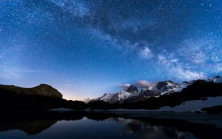 Обои озеро, отражение, ночь, звезды, небо, горы