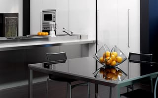 Картинка интерьер, дизайн, апельсины, стиль, серый, комната, квартира, кухня, фрукты