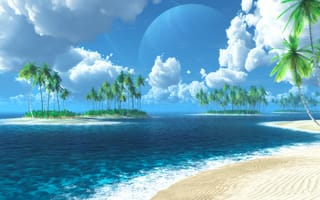 Картинка Tropic of Thetis, пальмы, digital, острова, графика, море, тропики