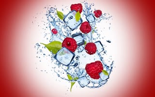 Картинка вишневый фон, cherry, вода, drops, малина, raspberry, лед, капли, ice, water