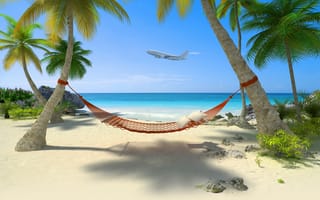 Картинка beach, летящий над островом, гамак, Самолет, море, sea, The plane, tropics, flying over the island, пляж, hammock, тропики