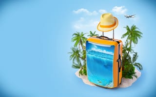 Картинка море, креатив, чемодан, дельфины, шляпа, самолёт, пальмы, облака