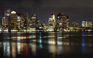 Картинка Бостон ночью, город, река, ночные огни
