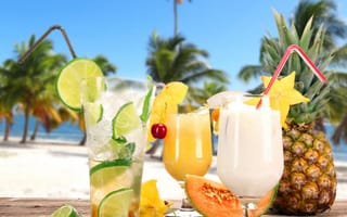 Картинка fruit, cocktails, коктейли, palms, tropical, beach, drink, fresh