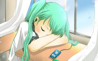 Картинка аниме, наушники, Хатсуне Мику, Вокалоид, девочка, спит, форма