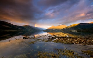 Картинка радуга, облака, горы, озеро лох-Левен, тучи, Шотландия
