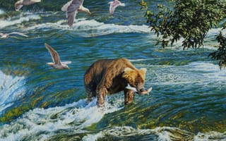 Картинка картина, медведь, река, охота, птицы