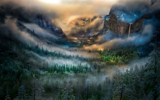 Картинка горы, California, Tunnel View, Yosemite National Park, туман, водопад, Bridalveil Falls, зима, долина, рассвет, лес