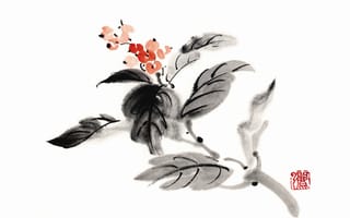 Картинка листья, ягоды, Япония, Живопись, смородина