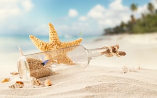 Картинка море, бутылка, морская звезда, песок, тропики, ракушки, пляж
