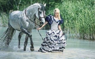 Обои конь, платье, прогулка, настроение, камыш, девушка, вода