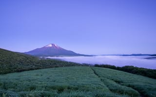 Картинка Фудзияма, синее, вечер, туман, Япония, Хонсю, гора, вулкан, небо