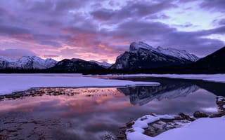 Обои утро, горы, Канада, отражение, небо, Альберта, рассвет, Национальный Парк, Банф, озеро, облака