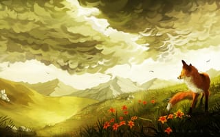 Картинка цветы, арт, нарисованный пейзаж, птицы, холмы, лиса, облака, зелень