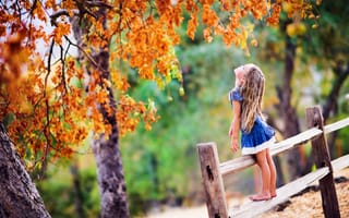 Картинка девочка, ребёнок, ограда, деревья, листва