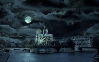 Картинка Notre Dame de Paris, сена, Собор Парижской Богоматери, Нотр-Дам-де-Пари, тучи, Париж, мост, месяц, франция, река