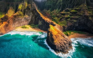 Картинка океан, Гаваи, панорамма, горы, остров