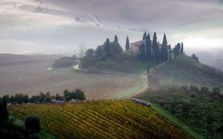 Картинка туман, пейзаж, утро, Тоскана, поле