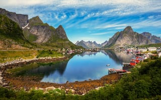 Картинка горы, облака, небо, деревья, дом, Гудванген, Норвегия, поселок, камни, озеро