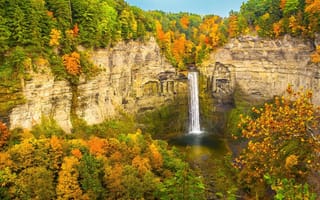 Обои осень, водопад, лес, скалы, поток, небо, горы