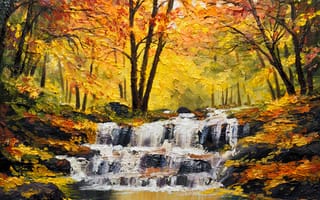 Картинка окрас, время года, поток, осень, водопад, река, деревья