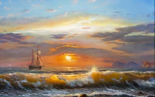 Картинка солнечный свет, landscape, sunlight, clouds, waves, море, закат, sea, волны, oil painting, sunset, живопись маслом, парусник, sky, пейзаж, sailboat, облака, небо
