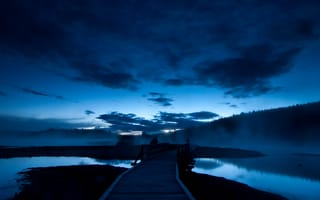 Картинка вода, пейзаж, синий, небо, мост, ночь