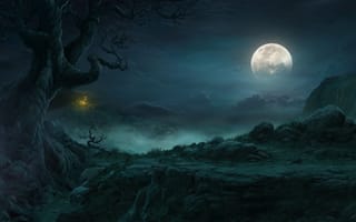 Картинка diablo 3, облака, дерево, луна, пейзаж, ночь, хижина, скалы