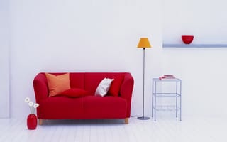 Картинка диванчик, подушки, ваза, лампа, цветы