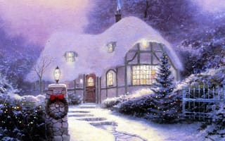 Картинка Christmas Cottage 1990, снег, 1990, ёлка, номер, праздник, ступеньки, фонарь, Рождественский коттедж 1990, свет в окнах, дорожка, Thomas Kinkade, картина, живопись